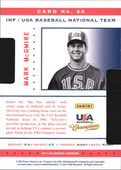 2013 USA Baseball Champions Legends Certified Die-Cuts #28 Mark McGwire back image