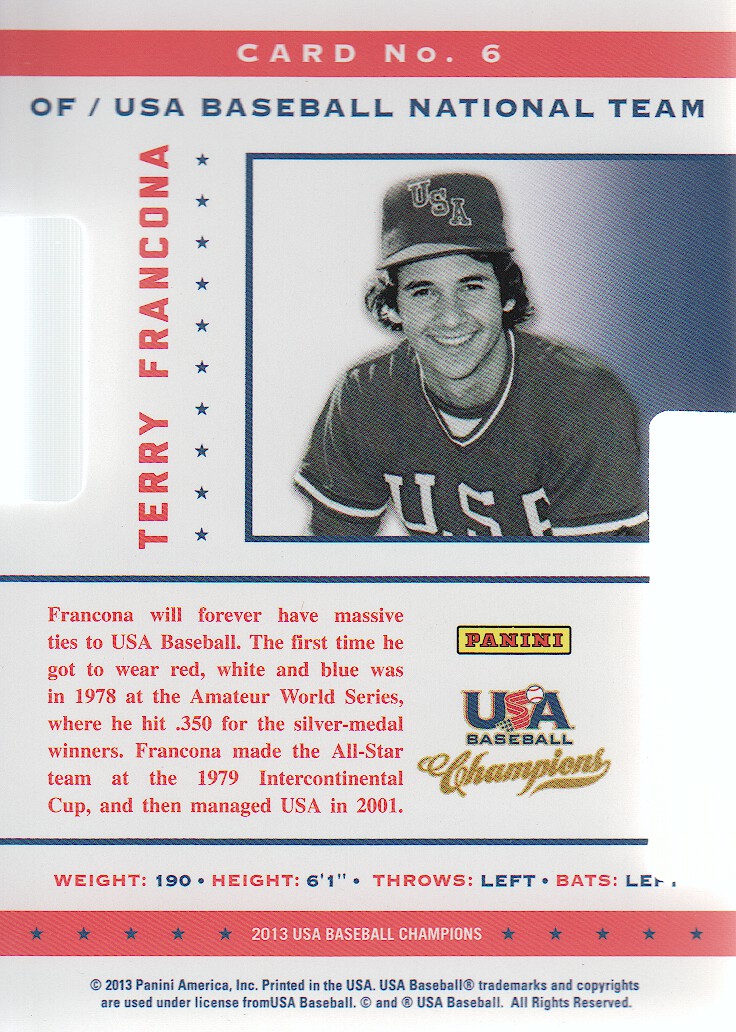 2013 USA Baseball Champions Legends Certified Die-Cuts Mirror Blue #6 Terry Francona back image
