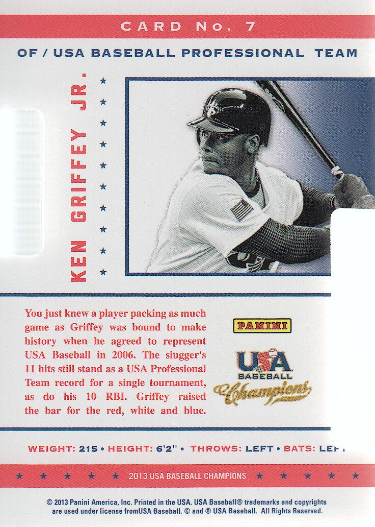 2013 USA Baseball Champions Legends Certified Die-Cuts Mirror Blue #7 Ken Griffey Jr. back image