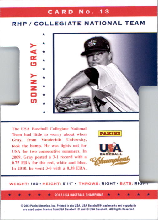 2013 USA Baseball Champions Legends Certified Die-Cuts Mirror Blue #13 Sonny Gray back image