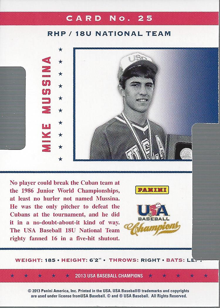 2013 USA Baseball Champions Legends Certified Die-Cuts Mirror Blue #25 Mike Mussina back image