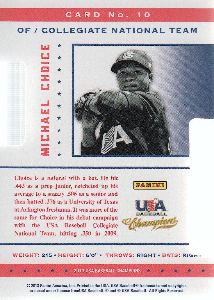 2013 USA Baseball Champions Legends Certified Die-Cuts Mirror Red #10 Michael Choice back image