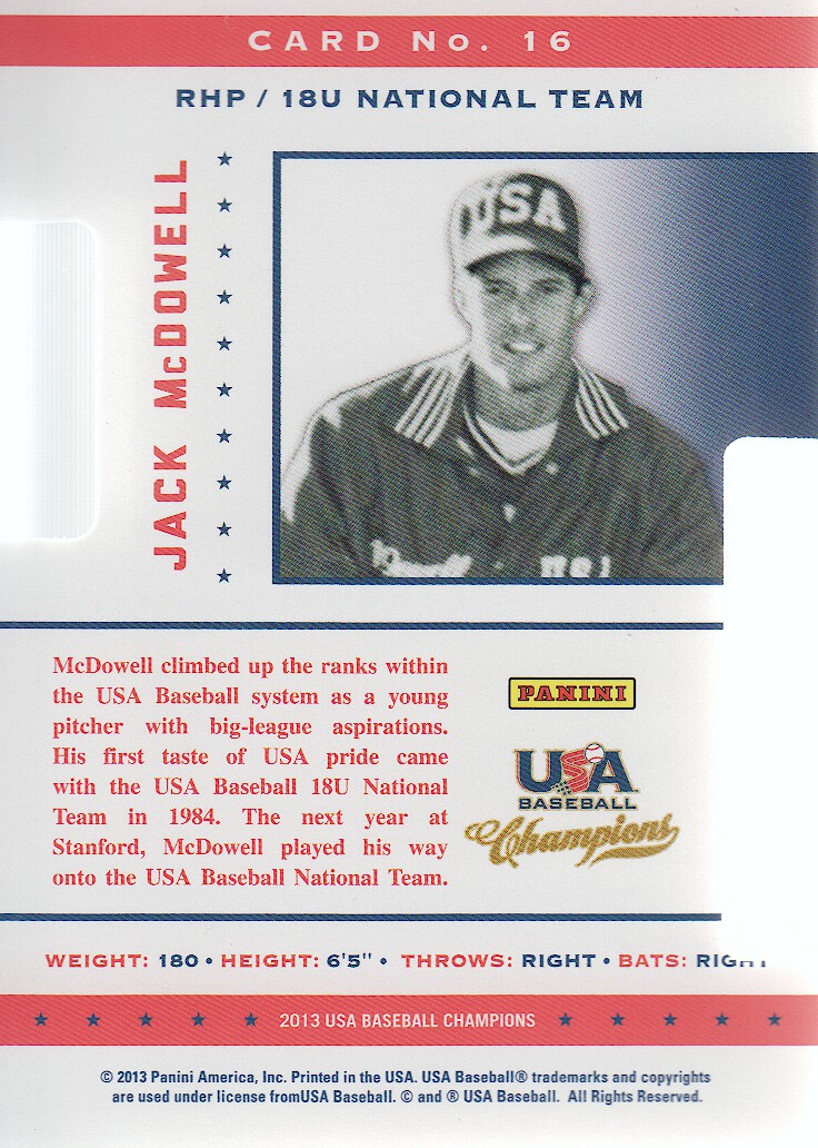2013 USA Baseball Champions Legends Certified Die-Cuts Mirror Red #16 Jack McDowell back image