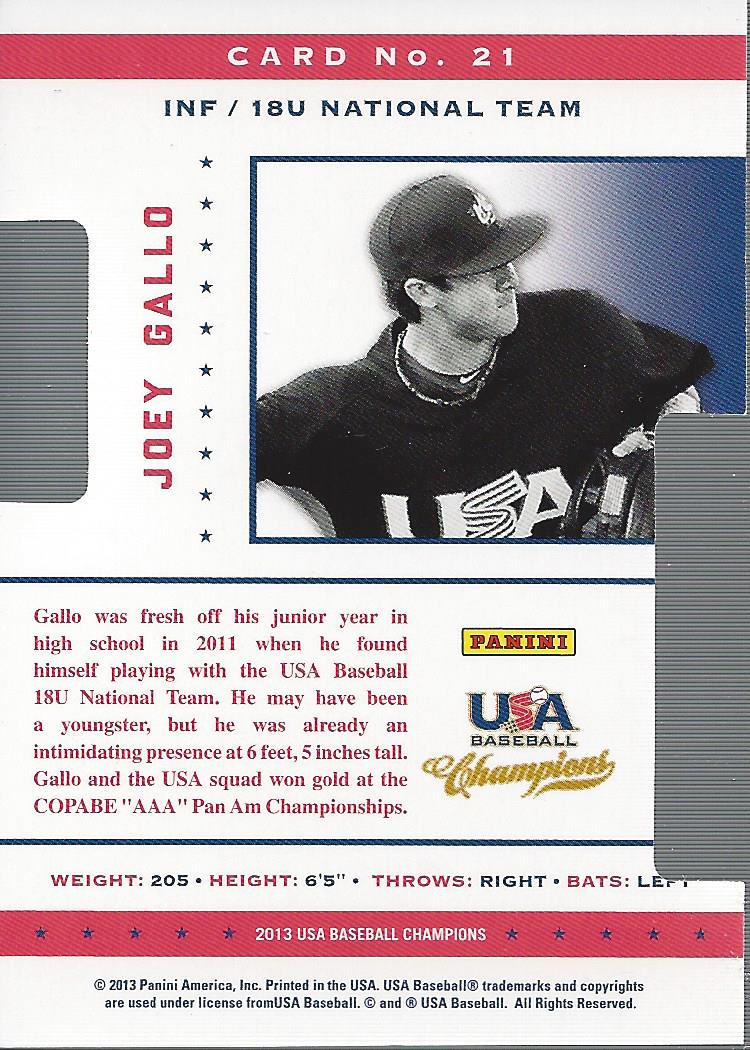2013 USA Baseball Champions Legends Certified Die-Cuts Mirror Red #21 Joey Gallo back image