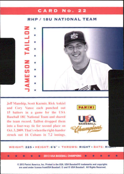 2013 USA Baseball Champions Legends Certified Die-Cuts Mirror Red #22 Jameson Taillon back image