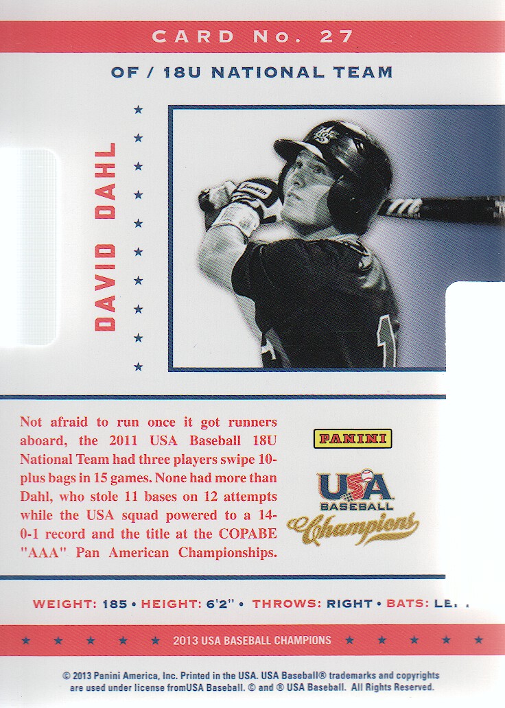 2013 USA Baseball Champions Legends Certified Die-Cuts Mirror Red #27 David Dahl back image