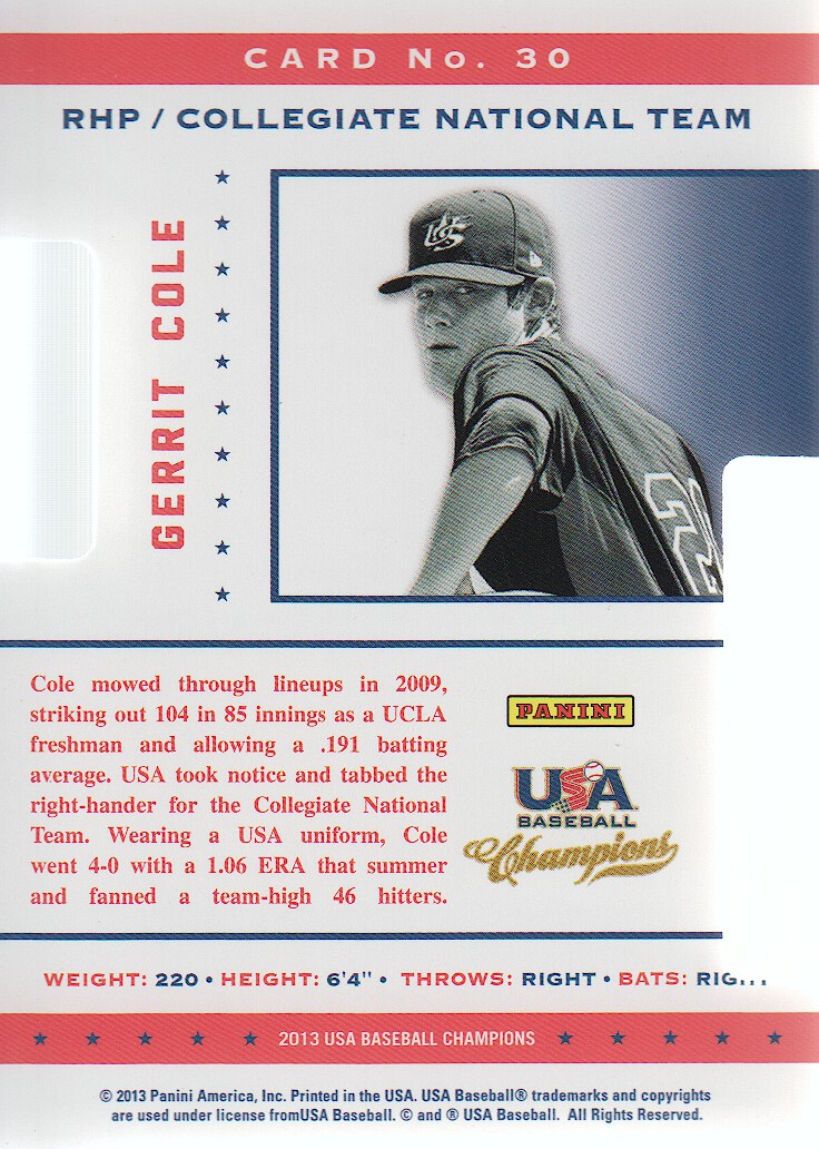 2013 USA Baseball Champions Legends Certified Die-Cuts Mirror Red #30 Gerrit Cole back image