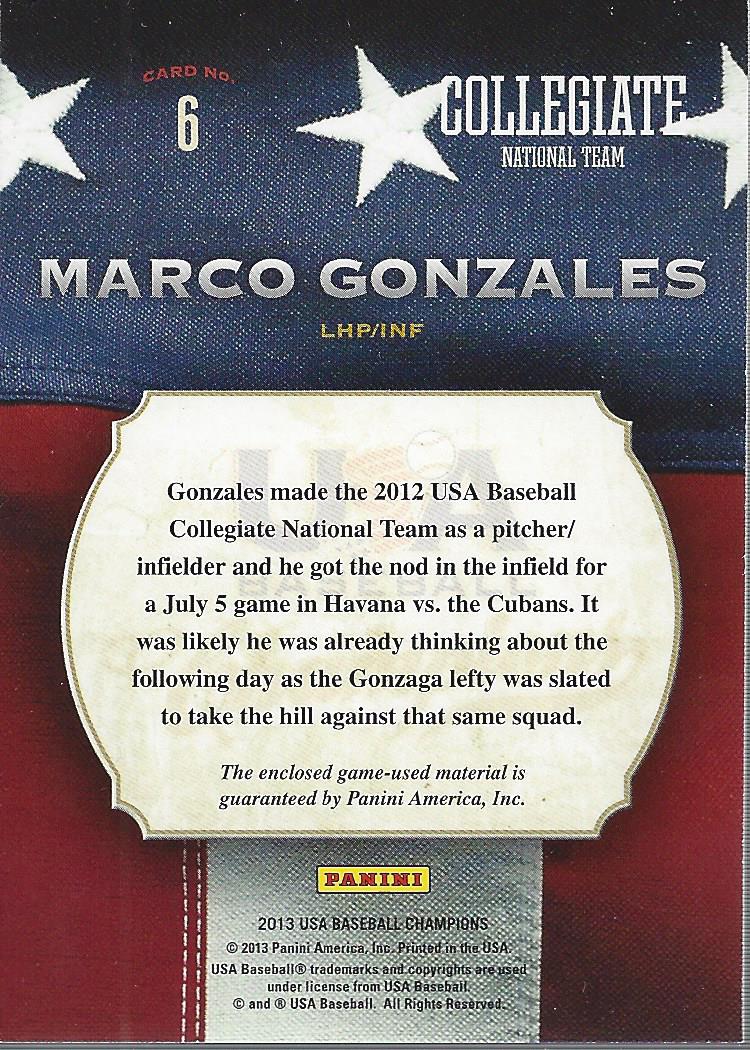 2013 USA Baseball Champions Game Gear Bats #6 Marco Gonzales back image
