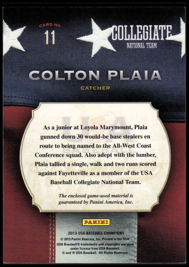 2013 USA Baseball Champions Game Gear Bats #11 Colton Plaia back image