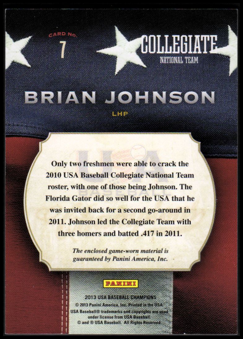 2013 USA Baseball Champions Game Gear Jerseys #7 Brian Johnson back image