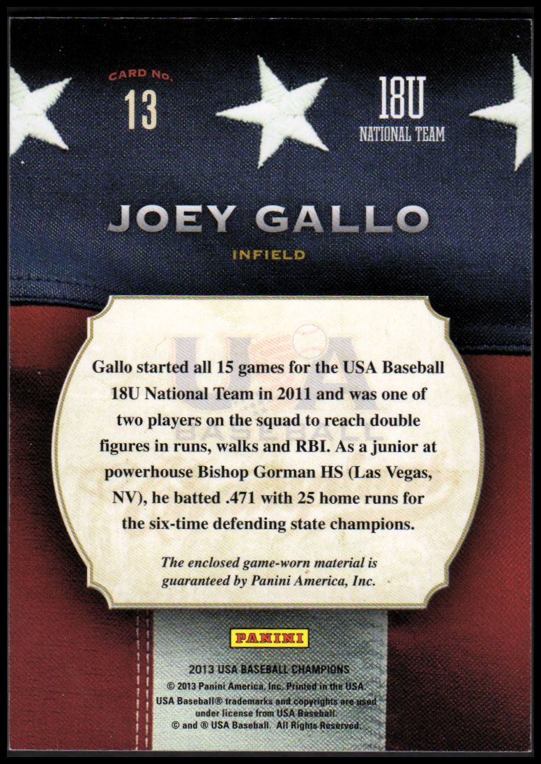 2013 USA Baseball Champions Game Gear Jerseys #13 Joey Gallo back image
