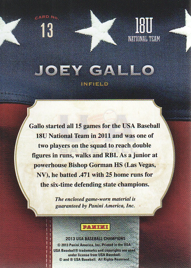2013 USA Baseball Champions Game Gear Jerseys #13 Joey Gallo back image