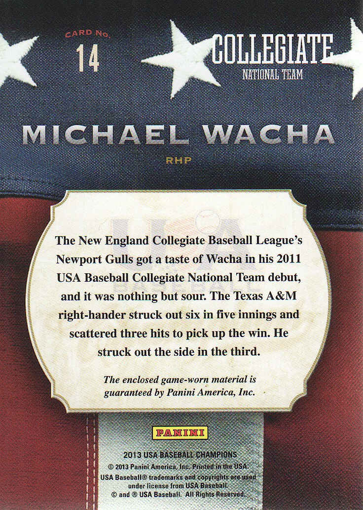 2013 USA Baseball Champions Game Gear Jerseys #14 Michael Wacha back image