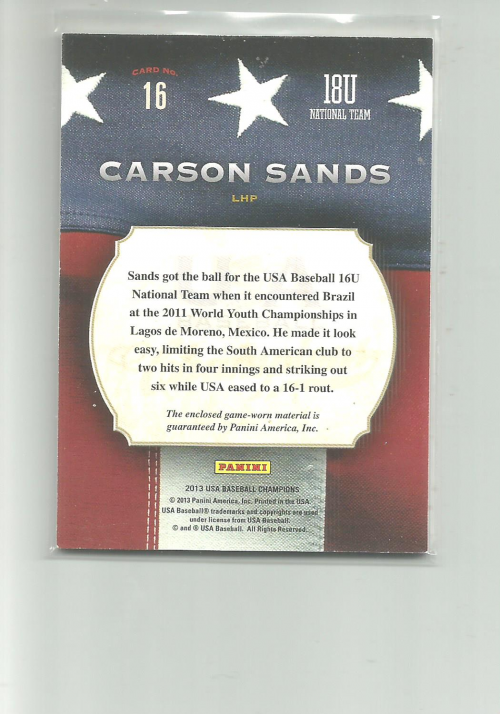 2013 USA Baseball Champions Game Gear Jerseys #16 Carson Sands back image
