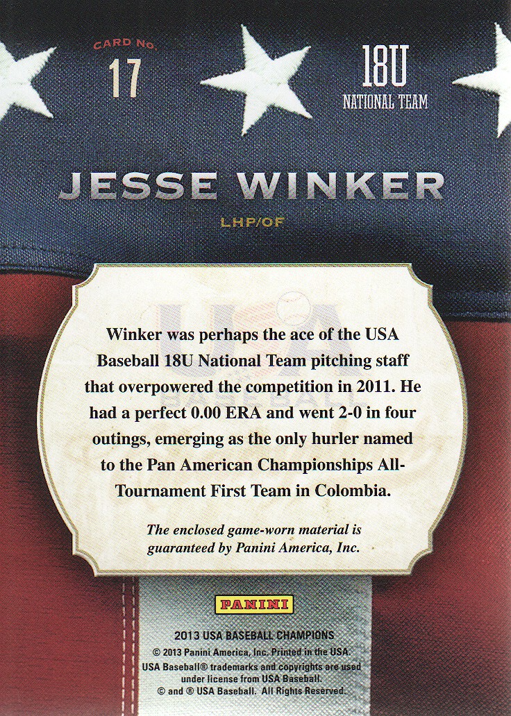 2013 USA Baseball Champions Game Gear Jerseys #17 Jesse Winker back image