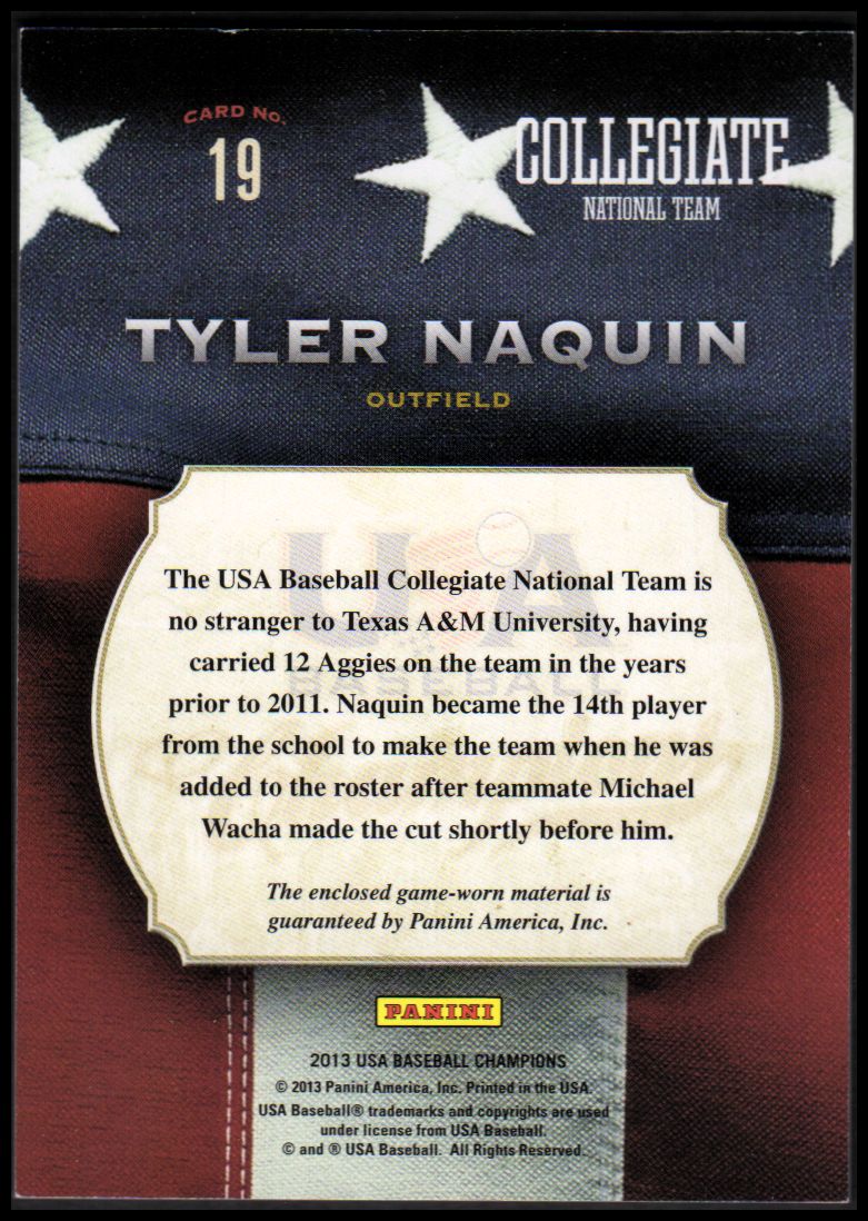 2013 USA Baseball Champions Game Gear Jerseys #19 Tyler Naquin back image