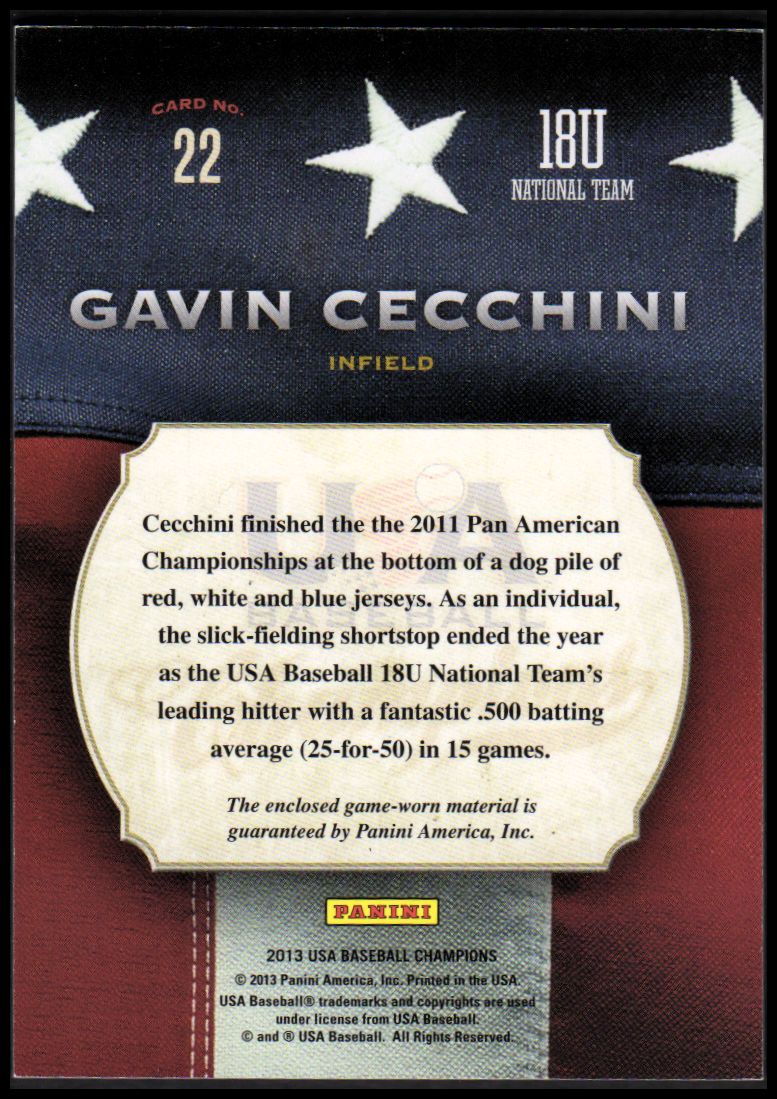 2013 USA Baseball Champions Game Gear Jerseys #22 Gavin Cecchini back image