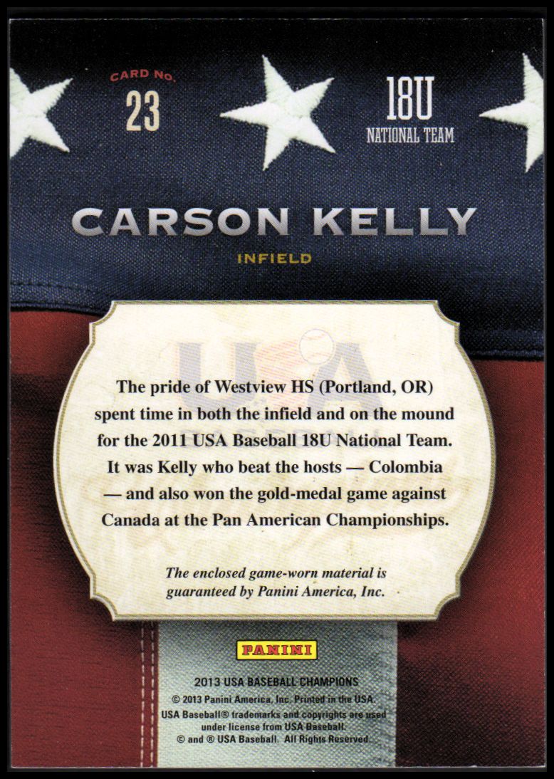 2013 USA Baseball Champions Game Gear Jerseys #23 Carson Kelly back image