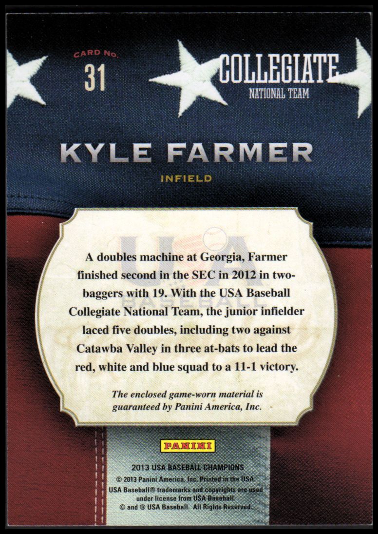 2013 USA Baseball Champions Game Gear Jerseys #31 Kyle Farmer back image