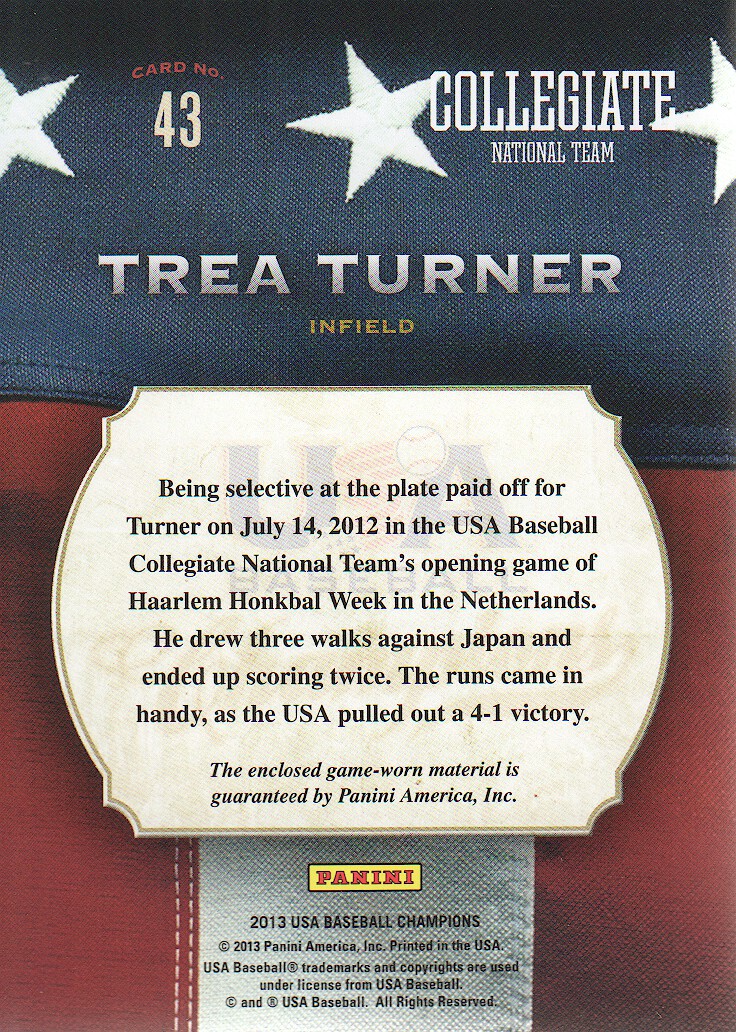 2013 USA Baseball Champions Game Gear Jerseys #43 Trea Turner back image