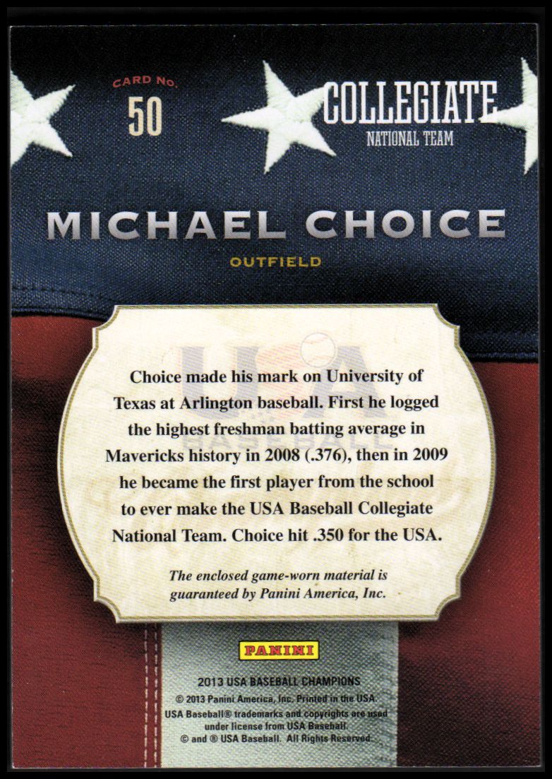 2013 USA Baseball Champions Game Gear Jerseys #50 Michael Choice back image