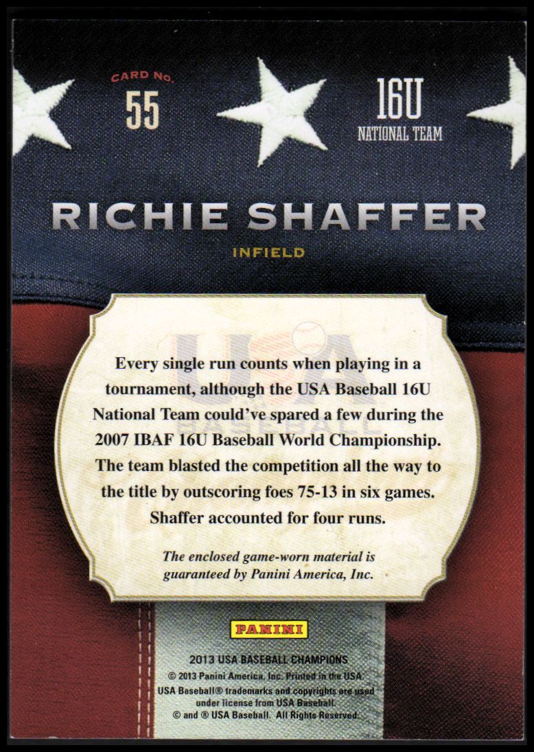 2013 USA Baseball Champions Game Gear Jerseys #55 Richie Shaffer back image