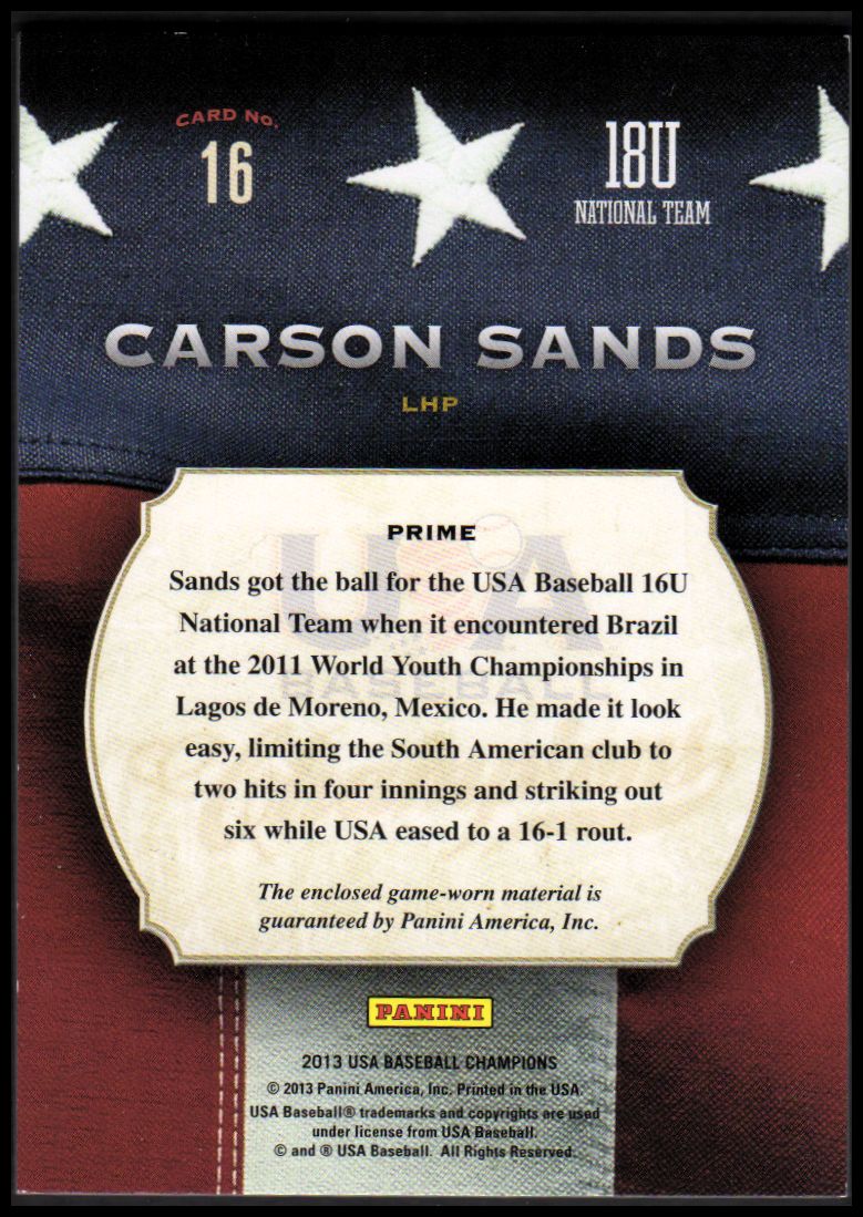 2013 USA Baseball Champions Game Gear Jerseys Prime #16 Carson Sands/99 back image