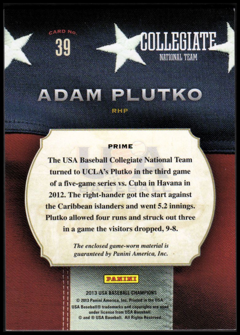 2013 USA Baseball Champions Game Gear Jerseys Prime #39 Adam Plutko/99 back image