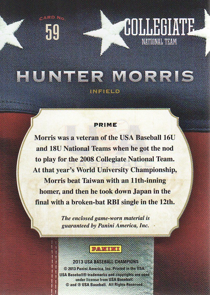 2013 USA Baseball Champions Game Gear Jerseys Prime #59 Hunter Morris/99 back image