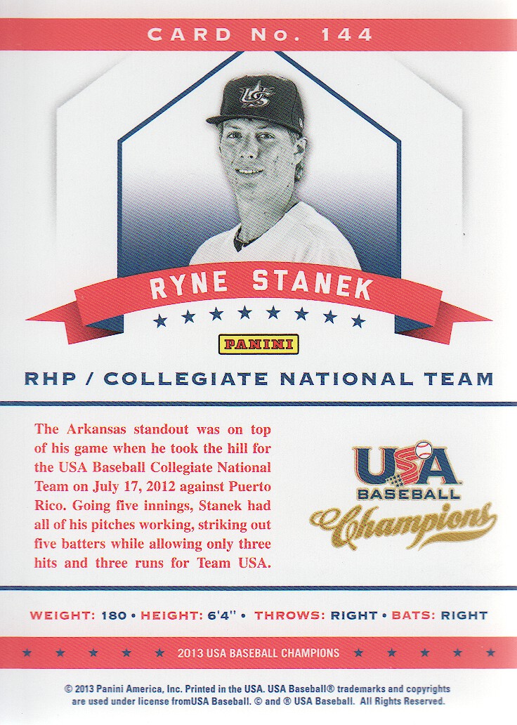 2013 USA Baseball Champions National Team Mirror Blue #144 Ryne Stanek back image