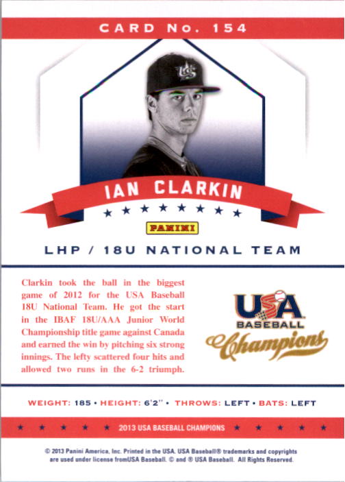 2013 USA Baseball Champions National Team Mirror Blue #154 Ian Clarkin back image
