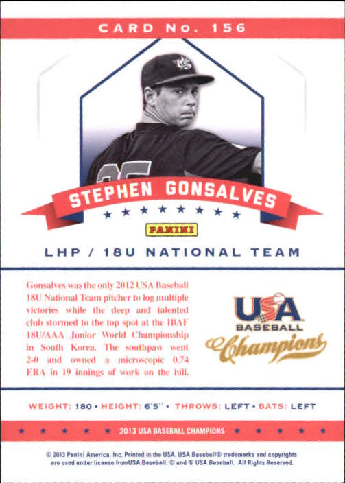 2013 USA Baseball Champions National Team Mirror Blue #156 Stephen Gonsalves back image