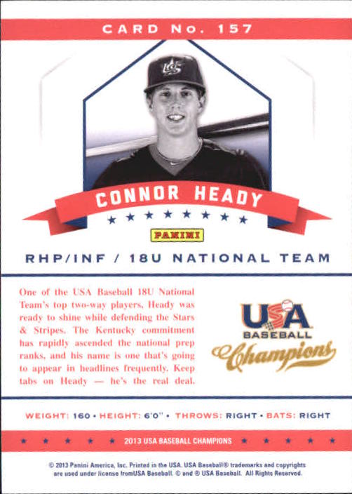 2013 USA Baseball Champions National Team Mirror Blue #157 Connor Heady back image