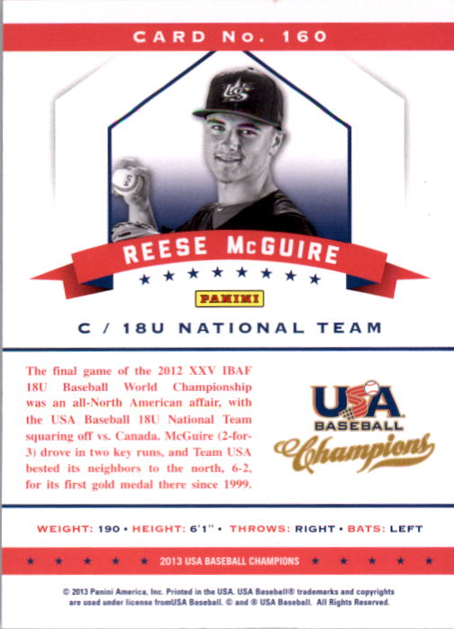 2013 USA Baseball Champions National Team Mirror Blue #160 Reese McGuire back image