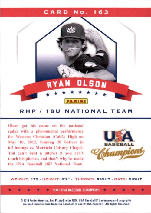 2013 USA Baseball Champions National Team Mirror Blue #163 Ryan Olson back image