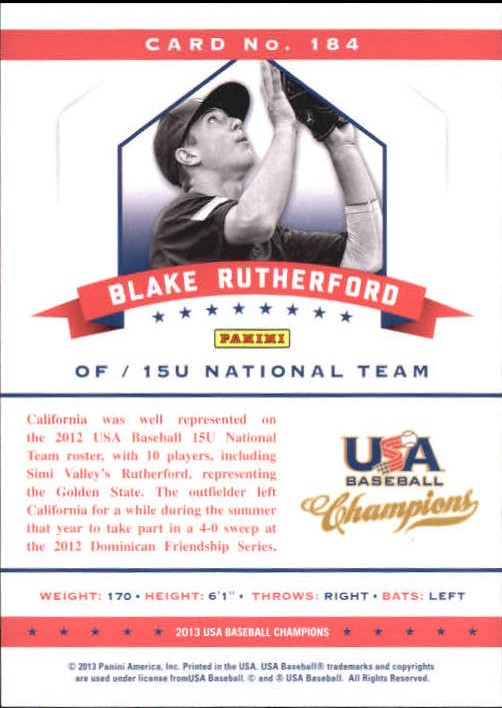 2013 USA Baseball Champions National Team Mirror Blue #184 Blake Rutherford back image