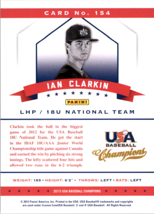 2013 USA Baseball Champions National Team Mirror Green #154 Ian Clarkin back image