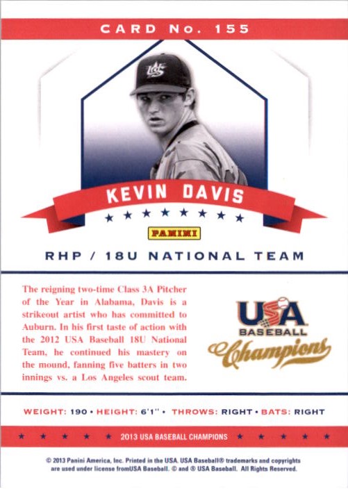 2013 USA Baseball Champions National Team Mirror Green #155 Kevin Davis back image