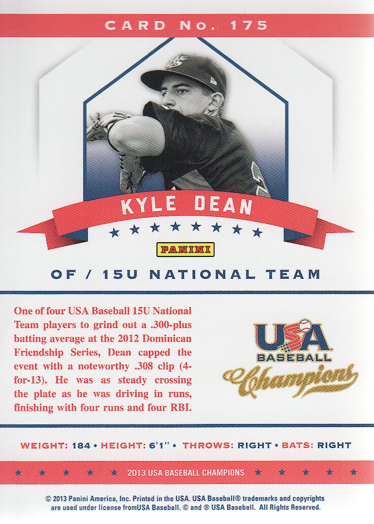 2013 USA Baseball Champions National Team Mirror Green #175 Kyle Dean back image