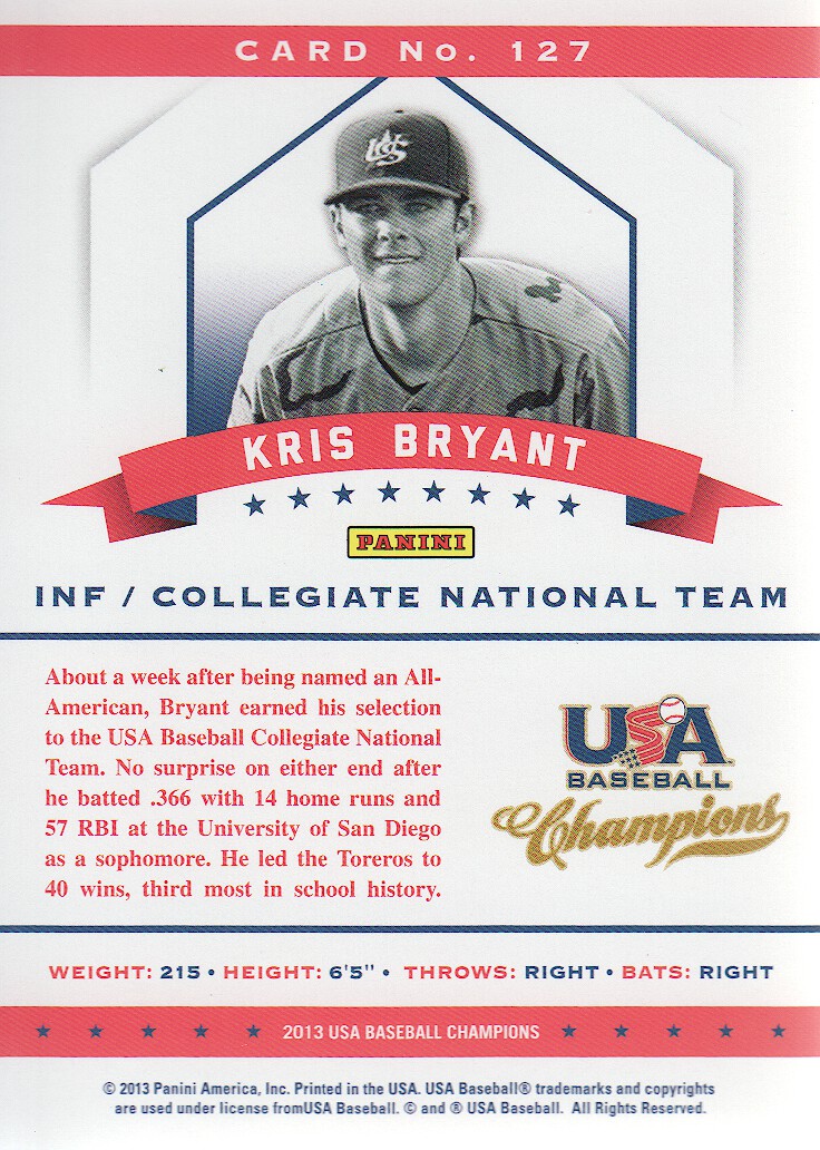 2013 USA Baseball Champions National Team Mirror Red #127 Kris Bryant back image