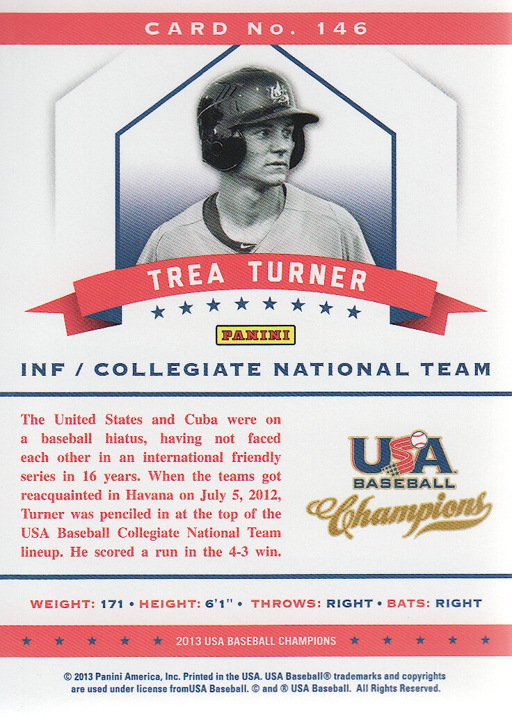 2013 USA Baseball Champions National Team Mirror Red #146 Trea Turner back image