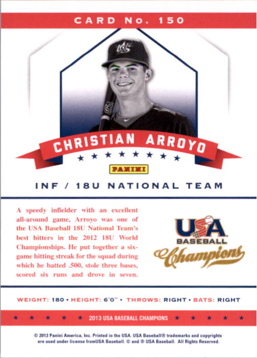 2013 USA Baseball Champions National Team Mirror Red #150 Christian Arroyo back image