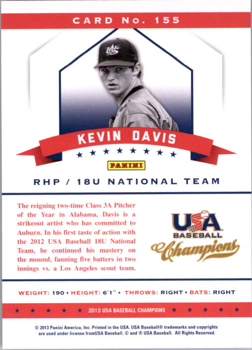 2013 USA Baseball Champions National Team Mirror Red #155 Kevin Davis back image