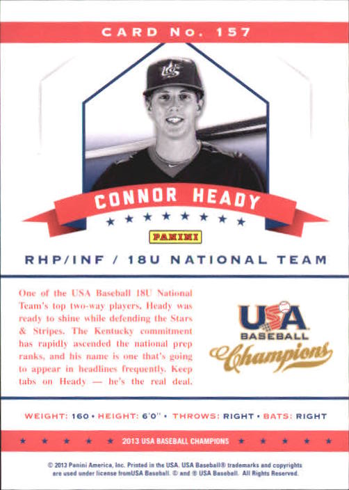 2013 USA Baseball Champions National Team Mirror Red #157 Connor Heady back image