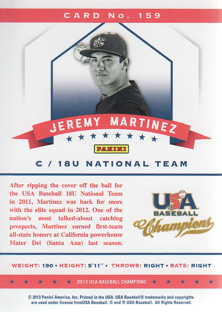 2013 USA Baseball Champions National Team Mirror Red #159 Jeremy Martinez back image