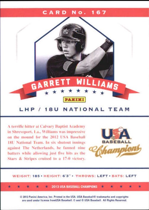 2013 USA Baseball Champions National Team Mirror Red #167 Garrett Williams back image