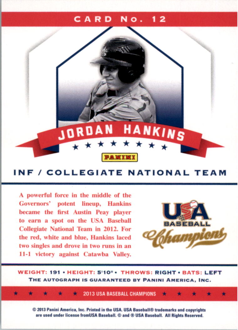 2013 USA Baseball Champions National Team Certified Signatures #12 Jordan Hankins/299 back image