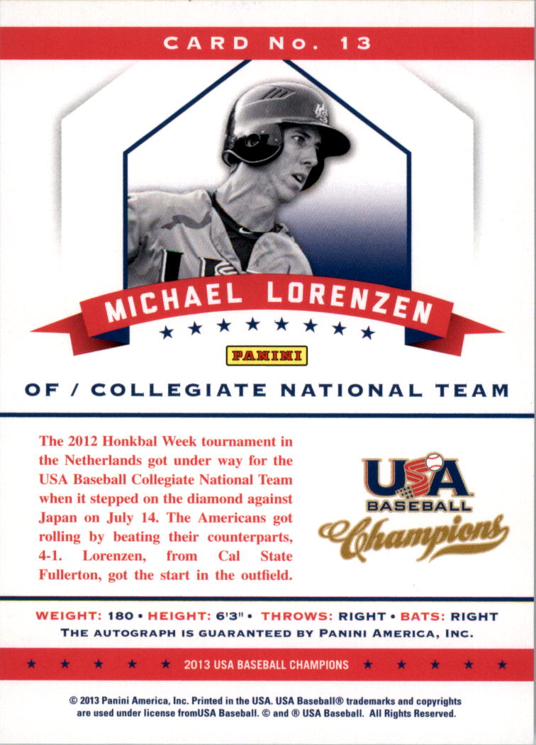 2013 USA Baseball Champions National Team Certified Signatures #13 Michael Lorenzen/299 back image