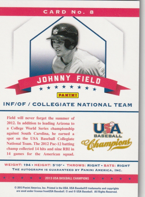 2013 USA Baseball Champions National Team Certified Signatures Mirror Gold #8 Johnny Field back image