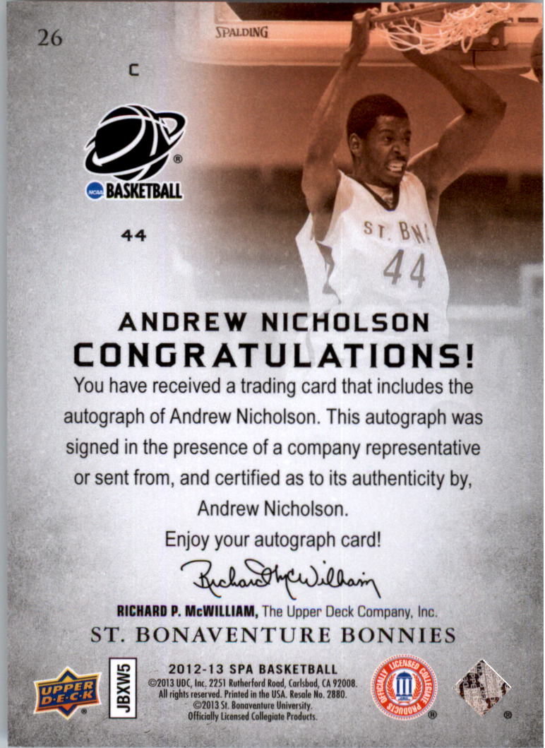 2012-13 SP Authentic Autographs #26 Andrew Nicholson C back image